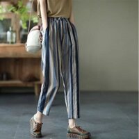 Quần Harem Dài Đến Mắt Cá Chân Nữ Hợp Thời Trang Rời 2.23 Quần Vải Lanh Cotton Sọc Mỏng Size Lớn Phù Hợp Với