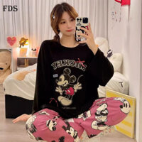 Quần hoa hồng đỏ Mickey đen mẫu mới FDS đồ ngủ mùa thu đông đáng yêu Hoạt hình quần dài tay nữ bộ đồ mặc nhà Bộ hai chiếc