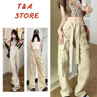 Quần hộp nữ túi hộp màu TRẮNG KEM 3 mẫu cho nàng cá tính, quần kaki túi hộp nữ Cargo Rocky thiết kế ống rộng lưng cao