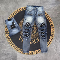 Quần jean Amiri xanh khói Nam khoá đùi phối rách da nhăn thỏ Playboy, quần bò nam cực đẹp hot trend 2024 - Hàng mới về