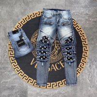 Quần jean Amiri xanh khói Nam khoá đùi phối rách da nhăn thỏ Playboy, quần bò nam cực đẹp hot 2023