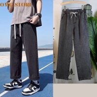 Quần jean baggy nam cạp chun màu xám đen, quần ống rộng dáng đứng hottrend