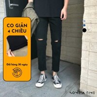 Quần Jean Baggy Nam Rách Gối Ống Rộng Đen Trơn Không Phai Màu Vải Co Giãn-B06