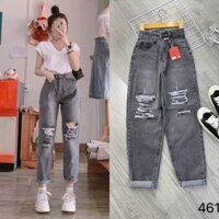 Quần jean baggy nữ cạp cao, Quần bò xám rách kiểu bụi, chất jean mềm chuẩn fom