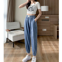 Quần jean baggy nữ lưng thun bo gấu thêu logo đính nút