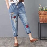 Quần jean baggy nữ lưng thun bigsize họa tiết thêu hoa phong cách