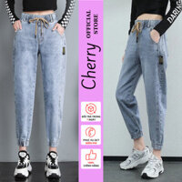 Quần jean baggy nữ ống rộng CHERRY cạp chun dây rút dáng suông chất vải denim dày đẹp phong cách Hàn Quốc T061