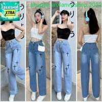 Quần jean baggy nữ ống suông thêu họa tiết