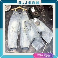 Quần jean baggy nữ rách gối thêu chữ BB tua rua | AJEAN STORE