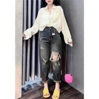 Quần jean baggy nữ rách nhiều đầu gối màu loang dơ