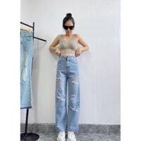 Quần Jean Baggy Nữ Rách Ống Suông màu xanh 2 cúc style trẻ trung năng động thoải mái 1236