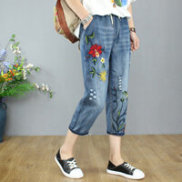 Quần jean baggy nữ thêu hoa đỏ dễ thương BG34 - M