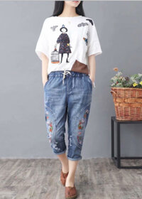 Quần jean baggy nữ thêu họa tiết hàng cao cấp xuất khẩu QB02 - XL