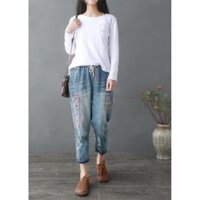 Quần jean baggy nữ thêu hoa hàng cao cấp xuất khẩu QB14 bao đẹp - M