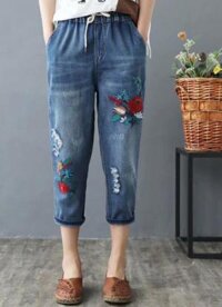 Quần jean baggy nữ thêu họa tiết hàng cao cấp xuất khẩu QB10 - XL