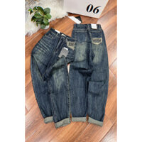 Quần jean baggy nữ thêu túi lưng cao màu đậm (Vải qc cc)