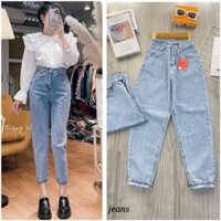 Quần Jean Baggy nữ túi nắp cạp cao lai cuốn 2 màu Xanh đậm/ Xanh nhạt - Xưởng may LT77