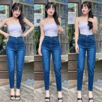 Quần Jean Baggy Nữ Xanh Đậm Cào ULEE Vải Co Dãn Cạp Cao Bigsize 40-70kg