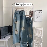 Quần jean baggy nữ xanh nhạt, rách thời trang, ống rộng xuông lai tua, lưng cao tôn dáng AnNgo - AT426