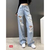 Quần jean baggy ống rộng nữ xanh rách gối cao cấp ms 1242
