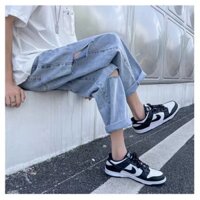 quần jean baggy ống suông, quần bò xanh 2 rách form rộng hot 2021