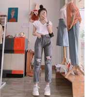 Quần jean baggy xám rách kiểu, Quần bò nữ cạp cao