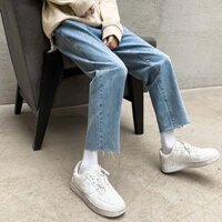 Quần jean baggy xanh nam, nữ ống rộng rách gấu, dáng suông, không phai màu - BMXA03