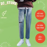 Quần jean baggy xanh nam, nữ ống rộng rách gấu, quần baggy rách gối dáng suông, không phai màu -2C STORE