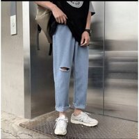 Quần jean baggy xanh nam, nữ ống rộng rách gấu, dáng suông, không phai màu-R01