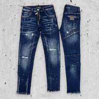 Quần jean biker nam Dsq xanh thẫm khoá lệch rách lót vảy sơn tag số 2 đùi QJ442P