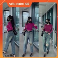 Quần jean bò baggy ống suông rộng xuông nữ đứng jeans rachs gối cạp cao phong cách Hàn Quốc