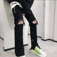 Quần jean bò đen nam slimfit gối rách to,jean zipper nam ( khoá zip ống chân ) phong cách