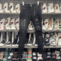 Quần jean bò nam Amiri skinny đen xám thêu chữ da đùi rách xù vá phối túi da 4 cúc chữ boy phố chất đẹp - Hàng mới về