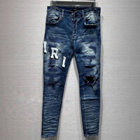 Quần jean bò nam Amiri skinny thêu chữ da đùi rách xù vá phối túi da 4 cúc chữ boy phố HOT 2023