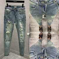 Quần jean bò nam CD slimfit xanh nhạt thêu vạch chữ sọc trắng cạp phối rách cào nhẹ đơn giản basic QJ447P