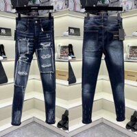 Quần jean bò nam DSQ skinny xanh đậm wash bạc rách sợi vá vải đùi phối cào xước ống 4 cúc boy phố QJ654P