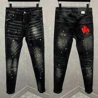 Quần jean bò nam Dsq2 biker slimfit xanh bạc wash rách vảy sơn thêu hình lá phong D2 đỏ túi sau QJ334P