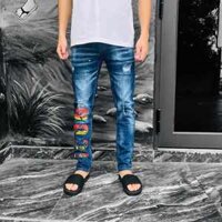 Quần Jean Bò Nam Xanh Vảy Sơn Phối Rách In Chữ ICON Chất Liệu Co Giãn, Quần Bò Xanh ICON Bản Cao Cấp Thời Trang Nam