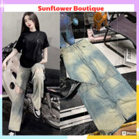 quần jean bò ống rộng họa tiết dây xích thời trang cá tính cho nữ