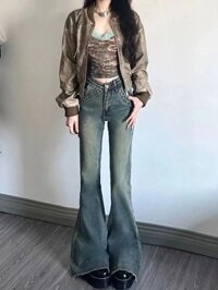 Quần jean bootcut màu xanh cổ điển cho nữ mùa thu 2024 phong cách mới của Mỹ quần ống loe lưng cao