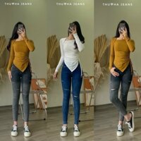 Quần jean dài BIGSIZE Lưng cao, màu xám lông chuột loang 2 màu, co dãn mạnh rẻ đẹp cắt rách 3950 Moliruan