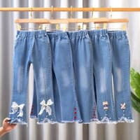 Quần jean dài NNJXD màu xanh dương đính hoa ngọc trai thời trang xuân thu cho bé gái 4-10 tuổi