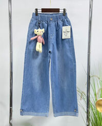 Quần jean dài ống suông cotton giấy mềm mát kèm gấu xinh cho bé gái 35-55kg