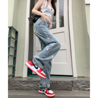 Quần jean dáng xuông cạp cao cá tính, quần bò nữ ống rộng họa tiết xinh xắn