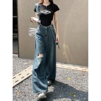 Quần jean dây đeo cao cổ vintage cho phụ nữ mùa hè mới, quần ống rộng rách thẳng, quần dài dáng rộng giảm cân