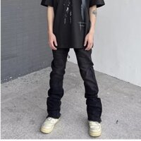 Quần Jean Đen Dáng Ôm Ống Loe Phối Khóa Kéo Bên Hông Kiểu retro Đường Phố Cá Tính Cho Nam Và Nữ