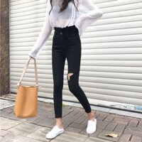 Quần jean đen rách gối cạp bèo