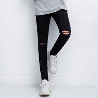 Quần Jean Đen Rách Gối Unisex Chất Dày Co Giãn