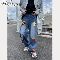 Quần jean Denim dáng rộng thời trang HaloRift với miếng dán thức ăn nhanh thêu