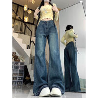 Quần Jean Denim Ống Suông Màu Xanh Đậm Cạp Cao Style Hàn Quốc Thời Trang Nam Nữ
